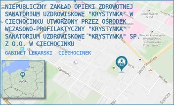 GABINET LEKARSKI - NIEPUBLICZNY ZAKŁAD OPIEKI ZDROWOTNEJ SANATORIUM UZDROWISKOWE "KRYSTYNKA" W CIECHOCINKU UTWORZONY PRZEZ OŚRODEK WCZASOWO-PROFILAKTYCZNY "KRYSTYNKA" SANATORIUM UZDROWISKOWE "KRYSTYNKA" SP. Z O.O. W CIECHOCINKU - POLNA 16,  CIECHOCINEK