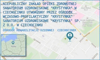 OŚRODEK REHABILITACJI DZIENNEJ - NIEPUBLICZNY ZAKŁAD OPIEKI ZDROWOTNEJ SANATORIUM UZDROWISKOWE "KRYSTYNKA" W CIECHOCINKU UTWORZONY PRZEZ OŚRODEK WCZASOWO-PROFILAKTYCZNY "KRYSTYNKA" SANATORIUM UZDROWISKOWE "KRYSTYNKA" SP. Z O.O. W CIECHOCINKU - POLNA 16,  CIECHOCINEK